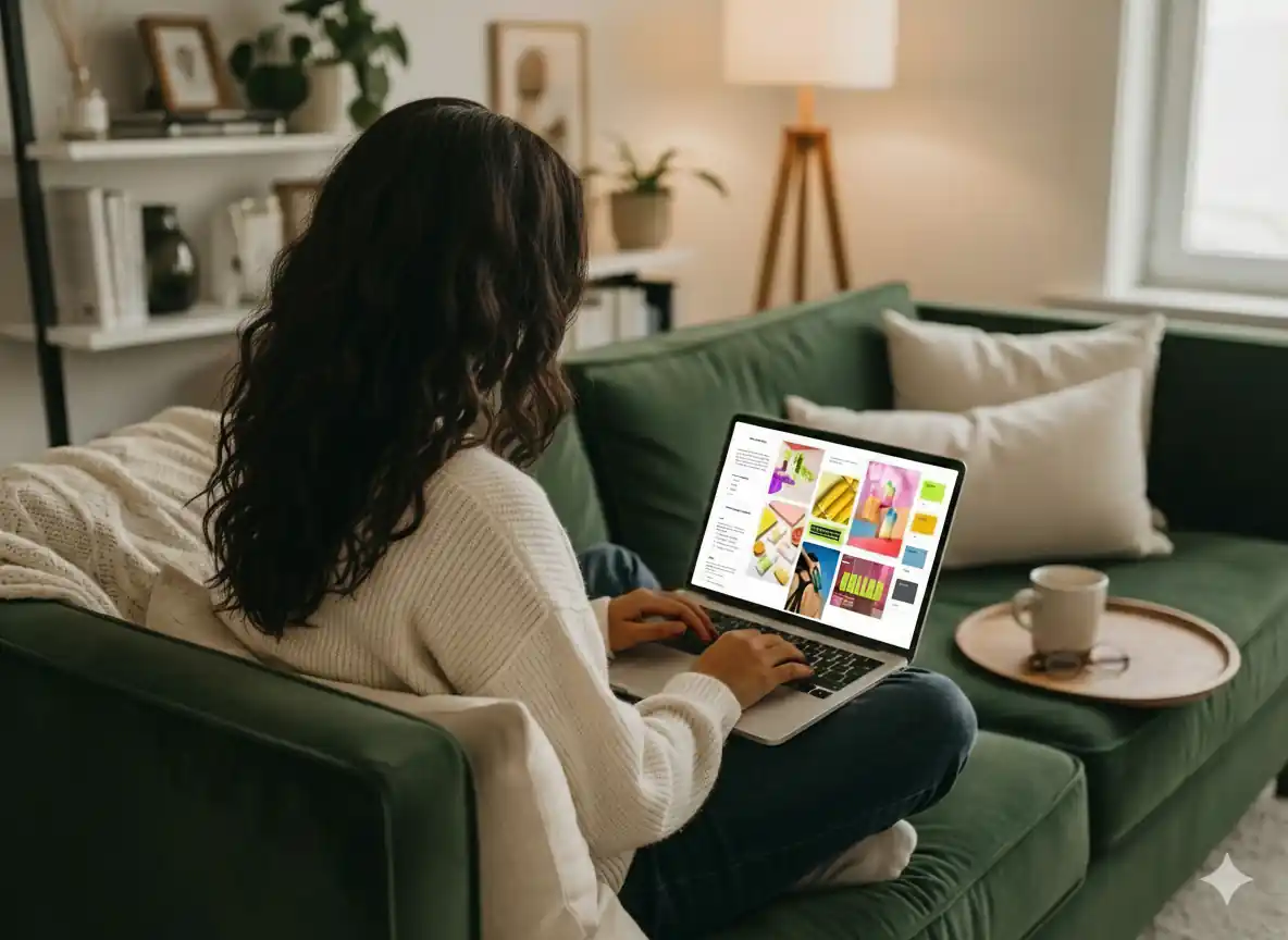 Woman sitting on a couch with a laptop