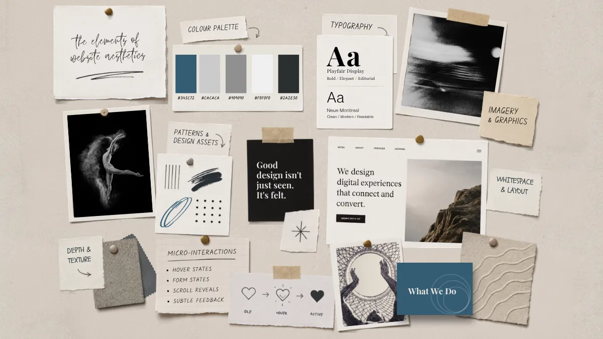 Moodboard showing the visual elements that shape website aesthetics, including colour, typography, imagery, patterns, layout, texture and micro-interactions.
